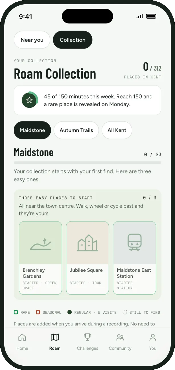 WeRoam Roam Collection screen: 312 places in Kent to collect, starting with three easy ones near Maidstone town centre.