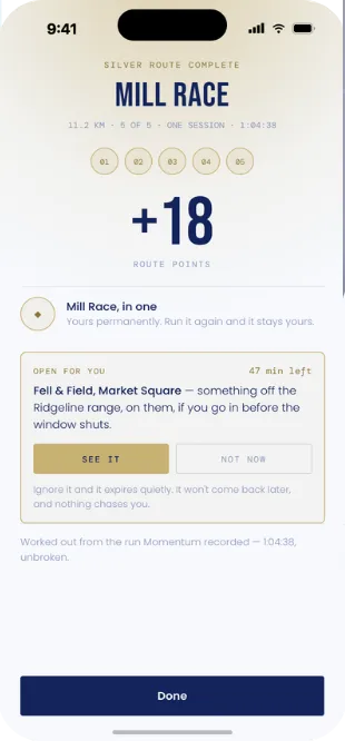 A Silver Route Complete screen for Mill Race, with route points earned and a timed offer from an example brand the athlete can open or ignore.