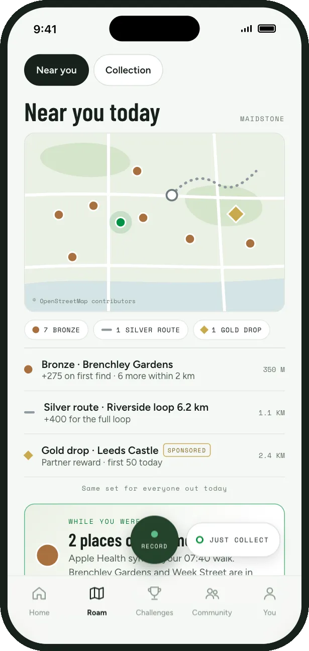 WeRoam Near you screen: a map of Maidstone with bronze places, a silver riverside route and a gold drop at Leeds Castle.